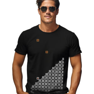 Black Cotton T-shirt, round neck, abstract checkbox design